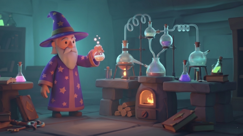 A cute 3D cartoon wizard in a laboratory working on a potion.