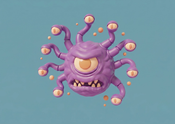 A 3D image of a cute purple-skinned beholder from D&D.