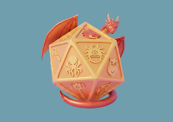 A giant orange 20-sided dice with a cute, cartoony 3D orange dragon curled around it.