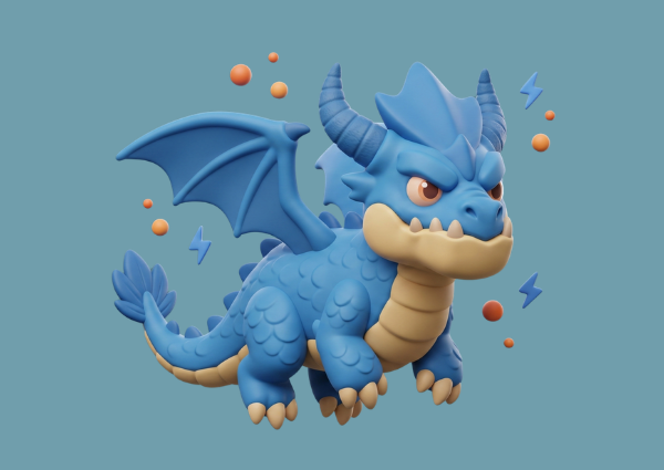 A 3D image of a cute blue-skinned dragon.